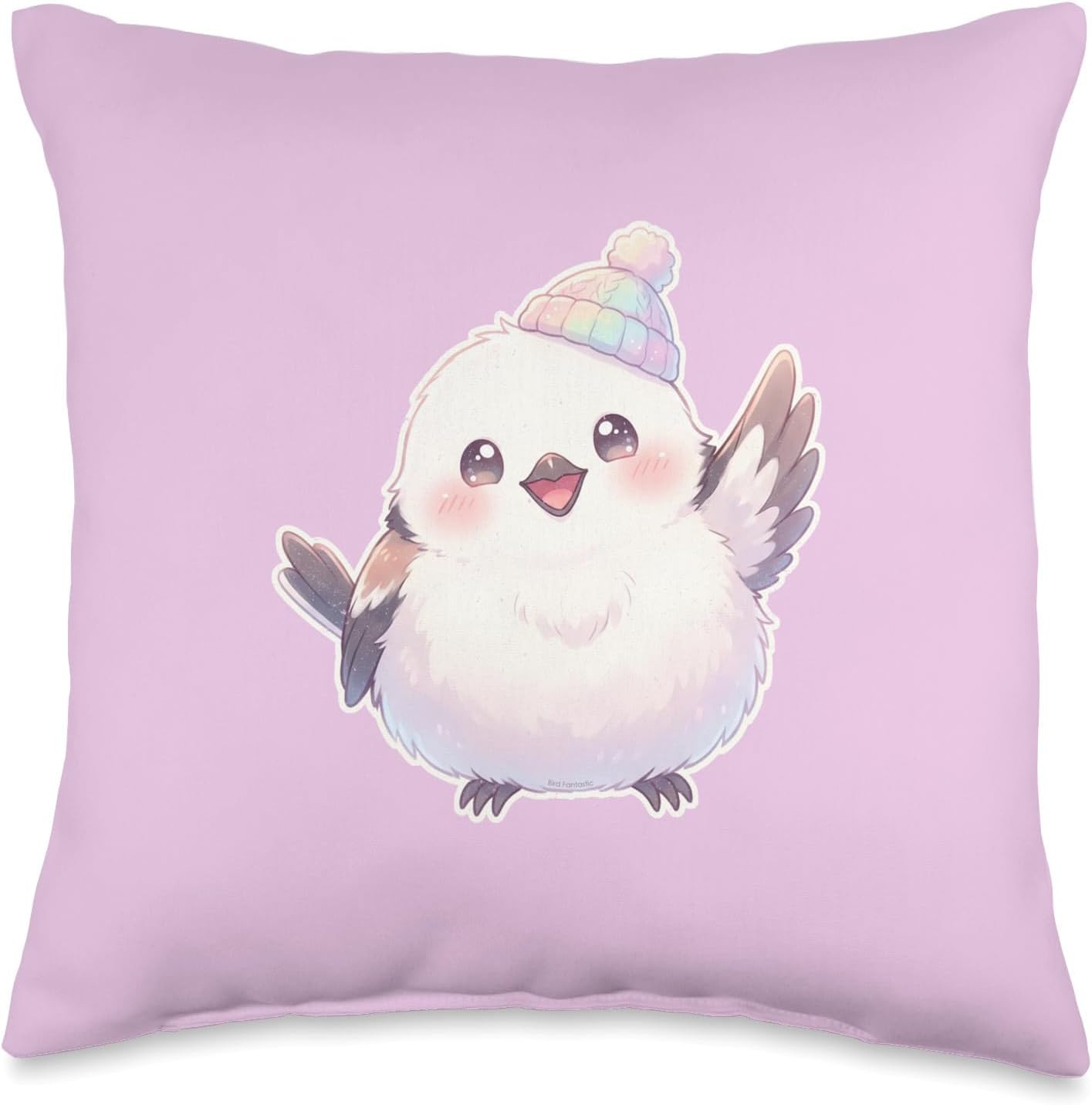 Cute Waving Shima Enaga “Japanese Snow Fairy” in Knit Hat Throw Pillow | by Bird Fantastic
