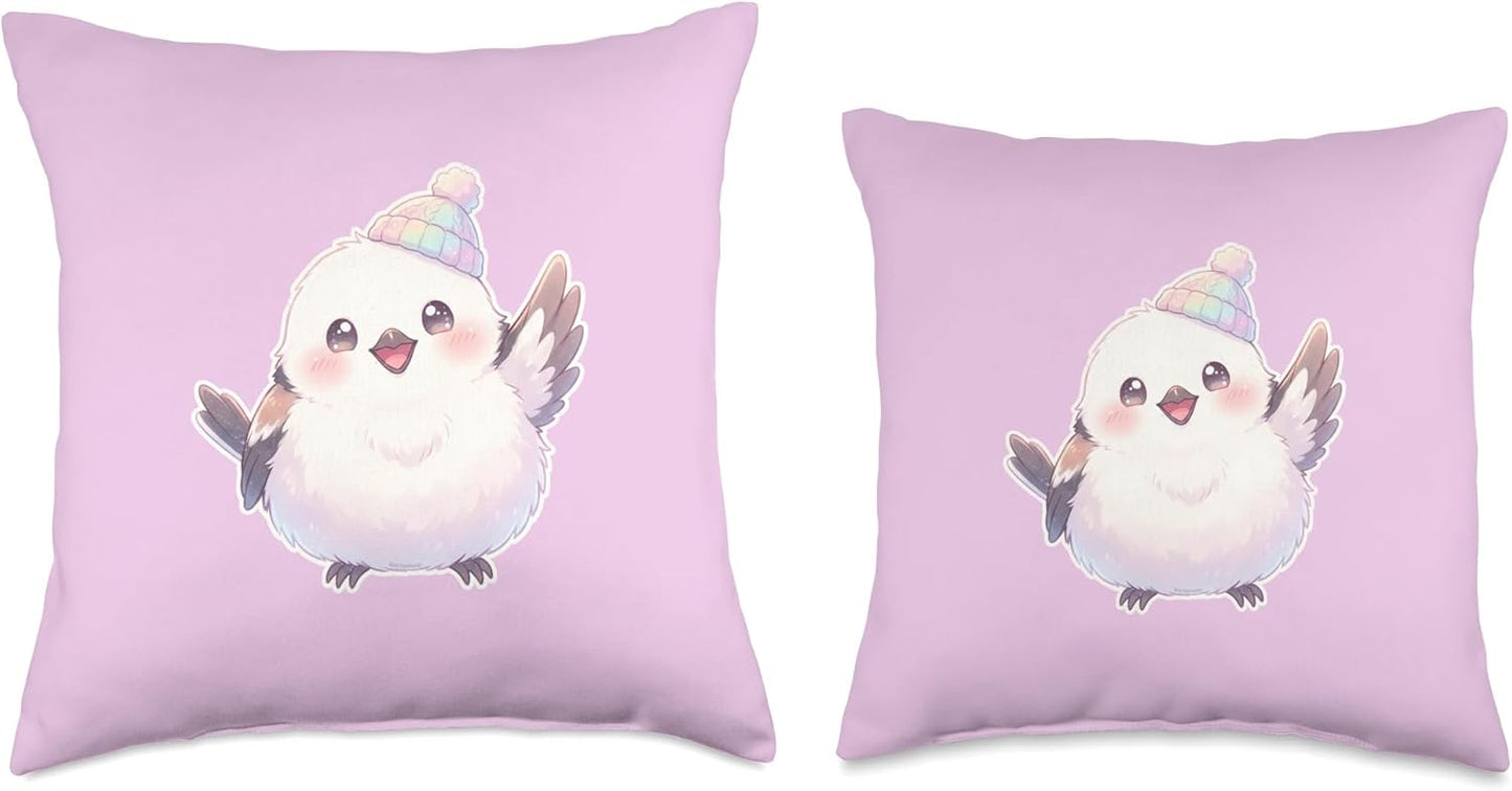 Cute Waving Shima Enaga “Japanese Snow Fairy” in Knit Hat Throw Pillow | by Bird Fantastic