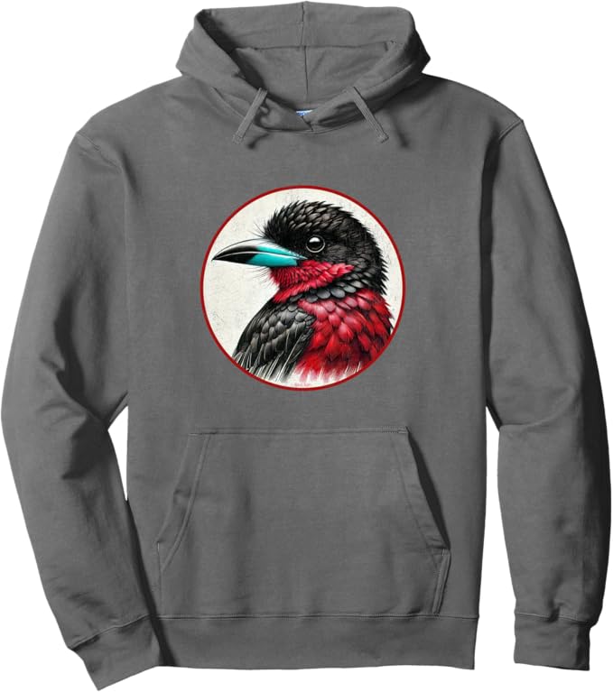 Retro Black and Red Broadbill Hoodie – Vintage Bird Design Sweatshirt