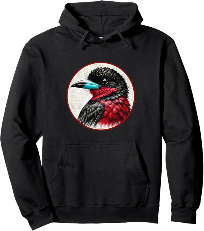 Retro Black and Red Broadbill Hoodie – Vintage Bird Design Sweatshirt