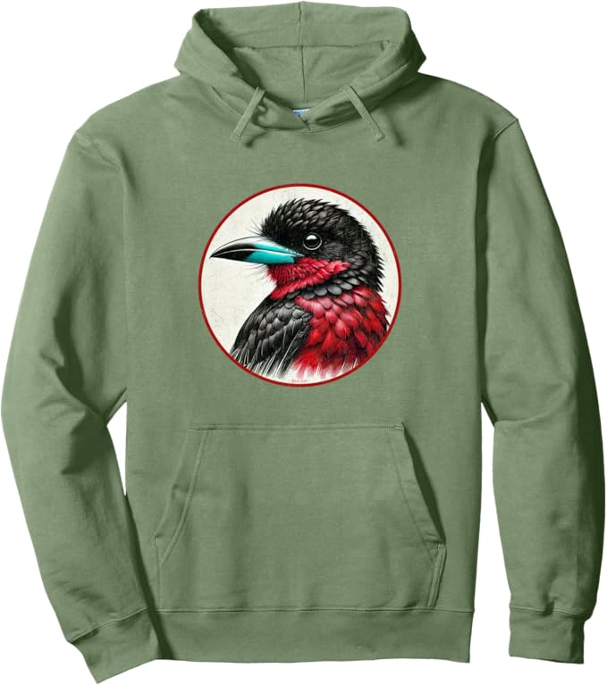 Retro Black and Red Broadbill Hoodie – Vintage Bird Design Sweatshirt