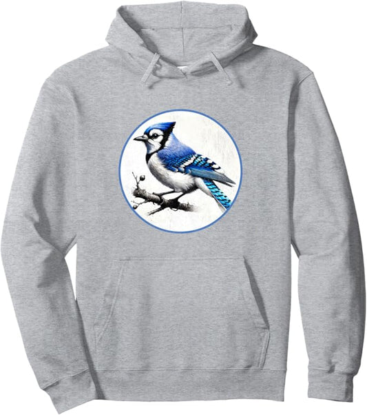 Blue Jay Retro Bird Design Unisex Pullover Hoodie by Bird.fan