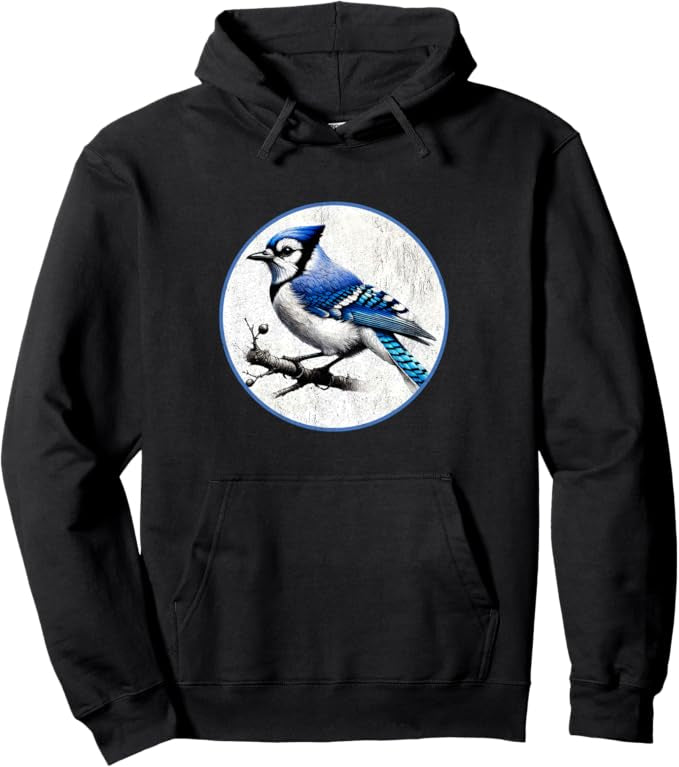 Blue Jay Retro Bird Design Unisex Pullover Hoodie by Bird.fan