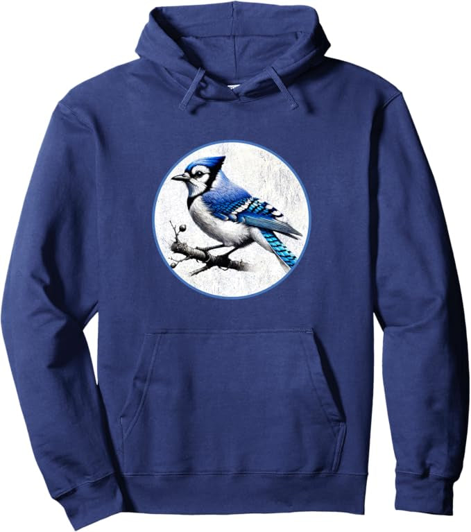 Blue Jay Retro Bird Design Unisex Pullover Hoodie by Bird.fan