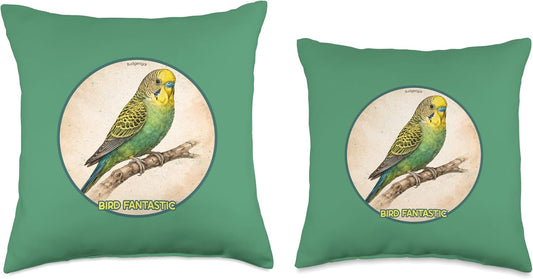 Colorful Retro Budgerigar Parrot Bird Design Throw Pillow | by Bird Fantastic