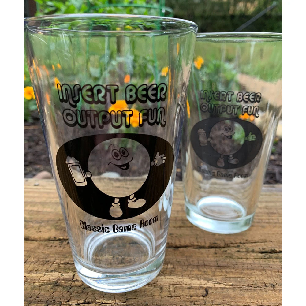 Classic Game Room 16oz "Insert Beer Output Fun" Drinking Glasses (Pair)