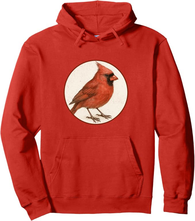 Northern Cardinal Retro Bird Design Unisex Pullover Hoodie by Bird.fan
