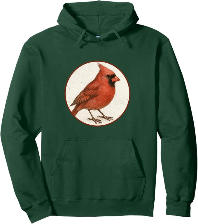 Northern Cardinal Retro Bird Design Unisex Pullover Hoodie by Bird.fan