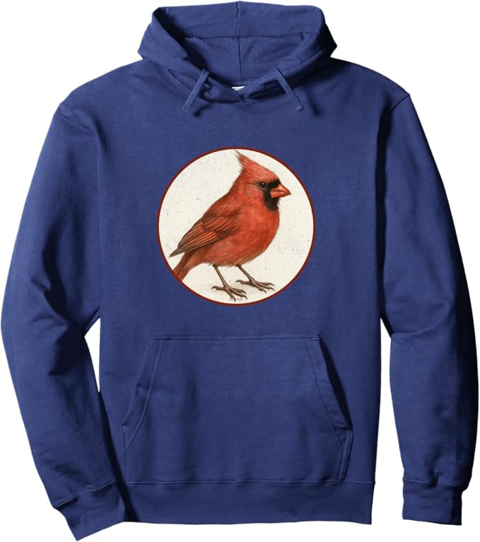 Northern Cardinal Retro Bird Design Unisex Pullover Hoodie by Bird.fan