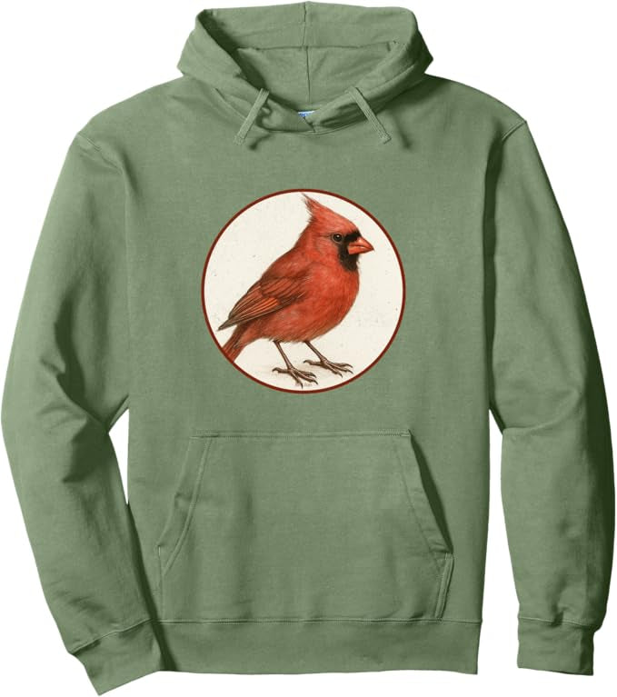 Northern Cardinal Retro Bird Design Unisex Pullover Hoodie by Bird.fan