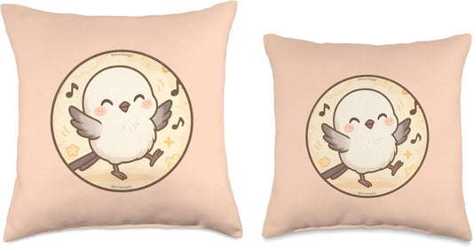 Cute Dancing Shima Enaga “Japanese Snow Fairy” Bird Design Throw Pillow | by Bird Fantastic