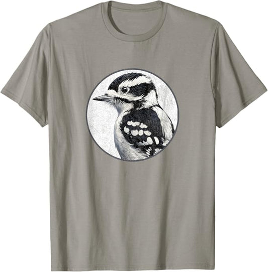 Downy Woodpecker T-Shirt Retro Design by Bird.fan | Men's Birding Graphic Tee