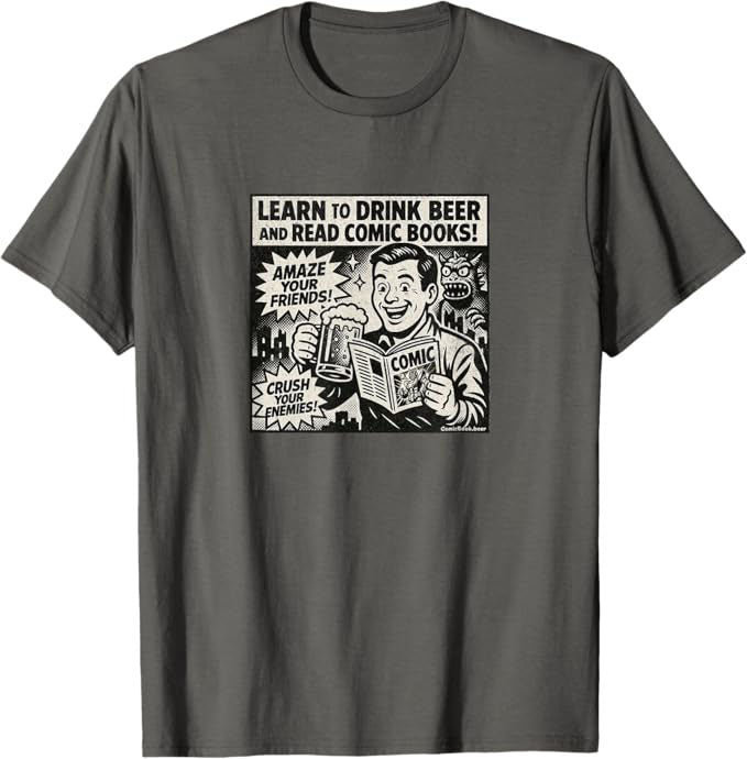Learn to Drink Beer and Read Comic Books Retro Advertisement T-Shirt | ComicBook.beer Graphic Tee