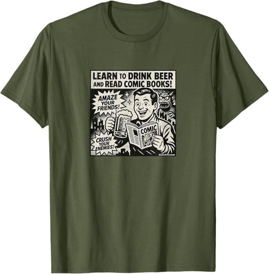 Learn to Drink Beer and Read Comic Books Retro Advertisement T-Shirt | ComicBook.beer Graphic Tee