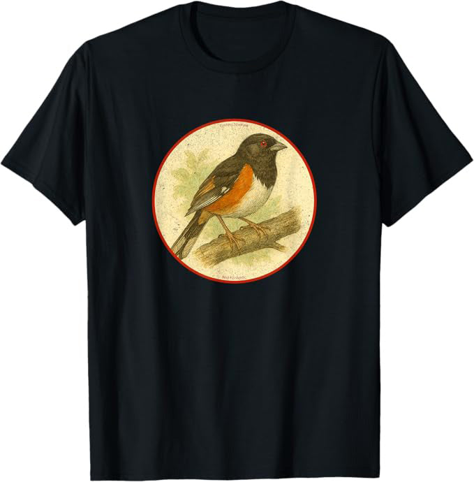 Retro Eastern Towhee Bird Design T-Shirt Design 10 Colors by Bird Fantastic | Birding Graphic Tee