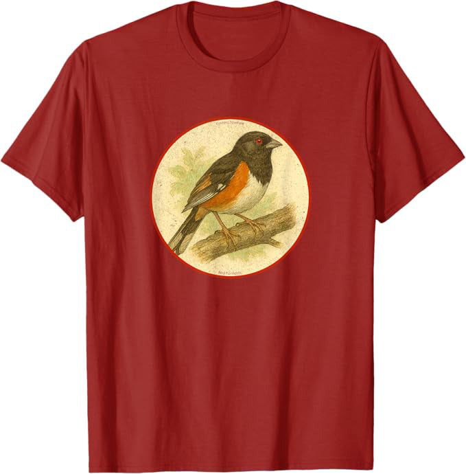 Retro Eastern Towhee Bird Design T-Shirt Design 10 Colors by Bird Fantastic | Birding Graphic Tee