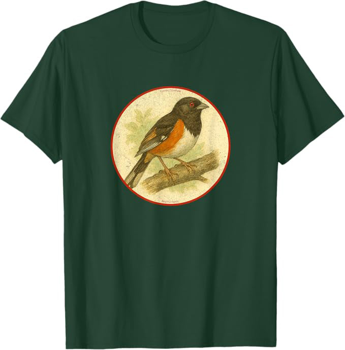 Retro Eastern Towhee Bird Design T-Shirt Design 10 Colors by Bird Fantastic | Birding Graphic Tee