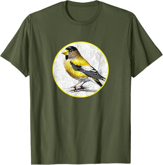 Evening Grosbeak T-Shirt Retro Design by Bird.fan | Men's Birding Graphic Tee
