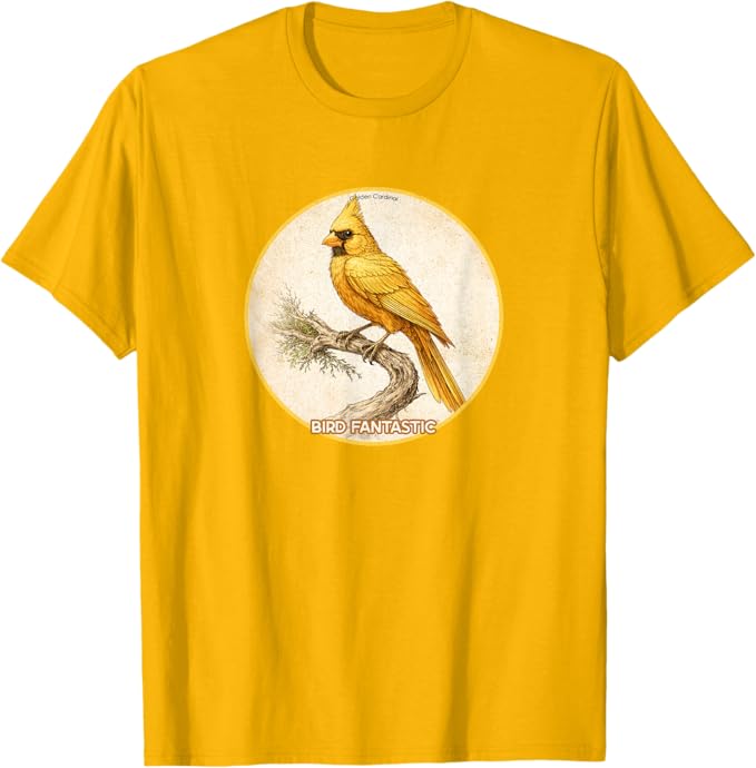 Retro Golden Cardinal T-Shirt Design 10 Colors by Bird Fantastic | Birding Graphic Tee