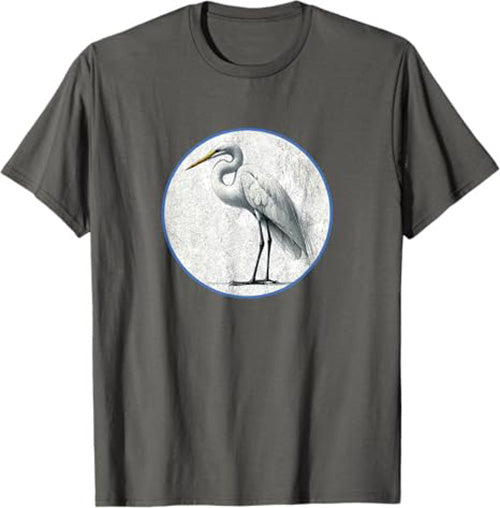 Retro Great Egret Bird Design T-Shirt Design 10 Colors by Bird Fantastic | Birding Graphic Tee