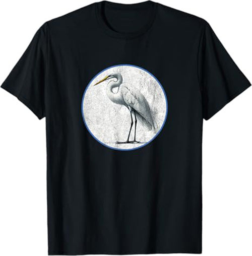 Retro Great Egret Bird Design T-Shirt Design 10 Colors by Bird Fantastic | Birding Graphic Tee
