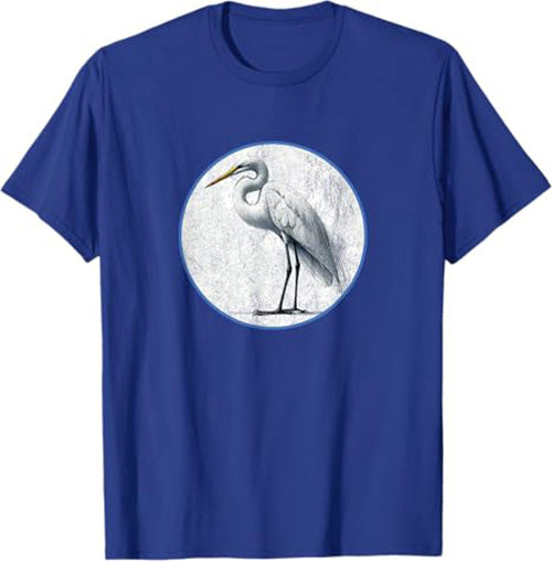 Retro Great Egret Bird Design T-Shirt Design 10 Colors by Bird Fantastic | Birding Graphic Tee