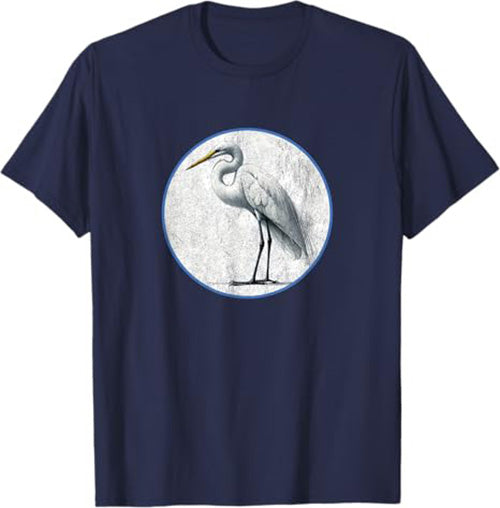 Retro Great Egret Bird Design T-Shirt Design 10 Colors by Bird Fantastic | Birding Graphic Tee