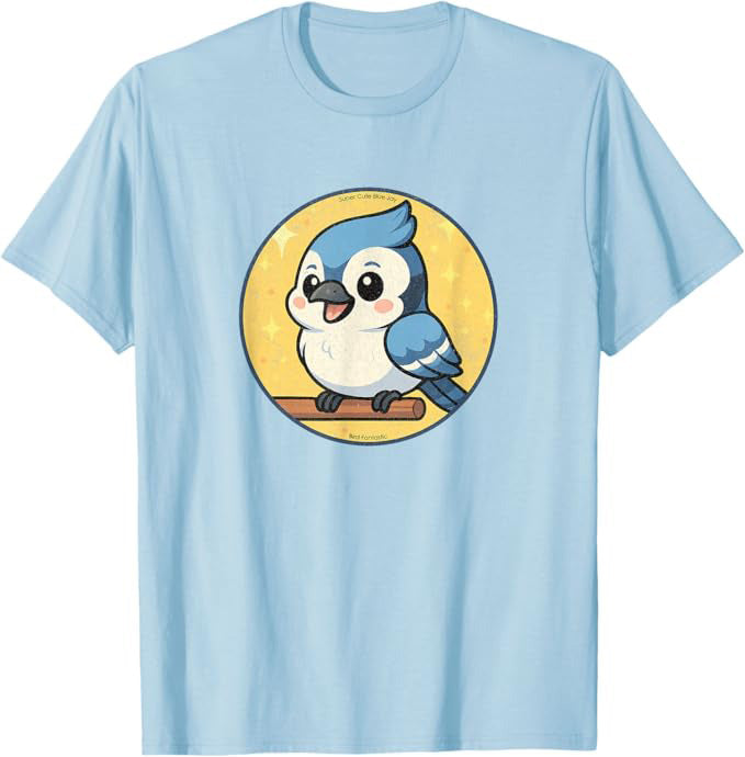 Super Cute Blue Jay Anime Bird Design by Bird.fan | Birding Graphic Tee