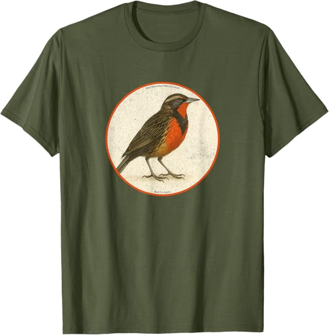 Retro Red-Breasted Meadowlark Bird Design T-Shirt Design 10 Colors by Bird Fantastic | Birding Graphic Tee