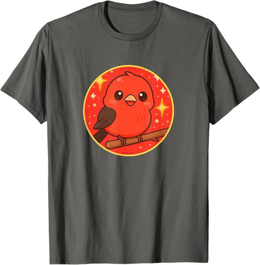 Super Cute Scarlet Tanager Anime Bird Design by Bird.fan | Birding Graphic Tee