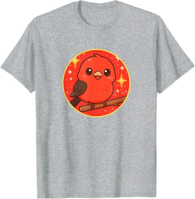 Super Cute Scarlet Tanager Anime Bird Design by Bird.fan | Birding Graphic Tee