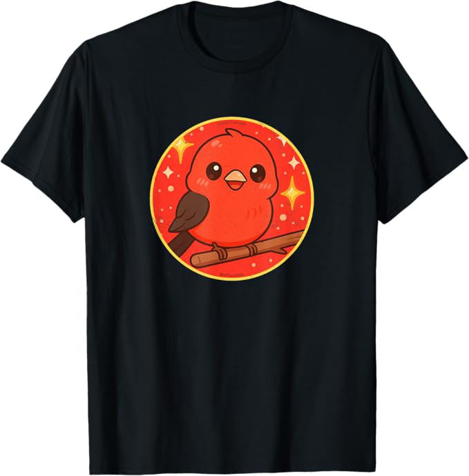 Super Cute Scarlet Tanager Anime Bird Design by Bird.fan | Birding Graphic Tee