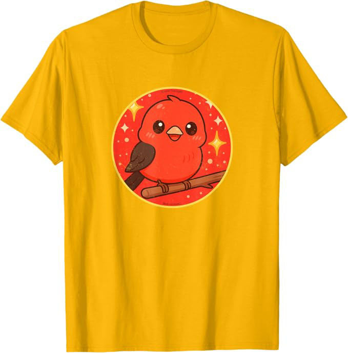 Super Cute Scarlet Tanager Anime Bird Design by Bird.fan | Birding Graphic Tee