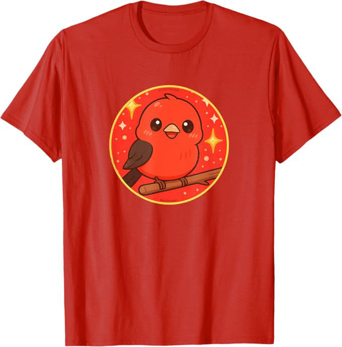 Super Cute Scarlet Tanager Anime Bird Design by Bird.fan | Birding Graphic Tee