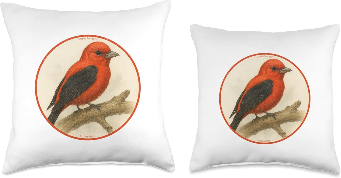 Colorful Retro Scarlet Tanager Bird Design Throw Pillow | by Bird Fantastic