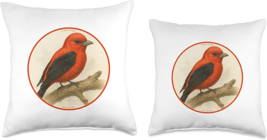 Colorful Retro Scarlet Tanager Bird Design Throw Pillow | by Bird Fantastic