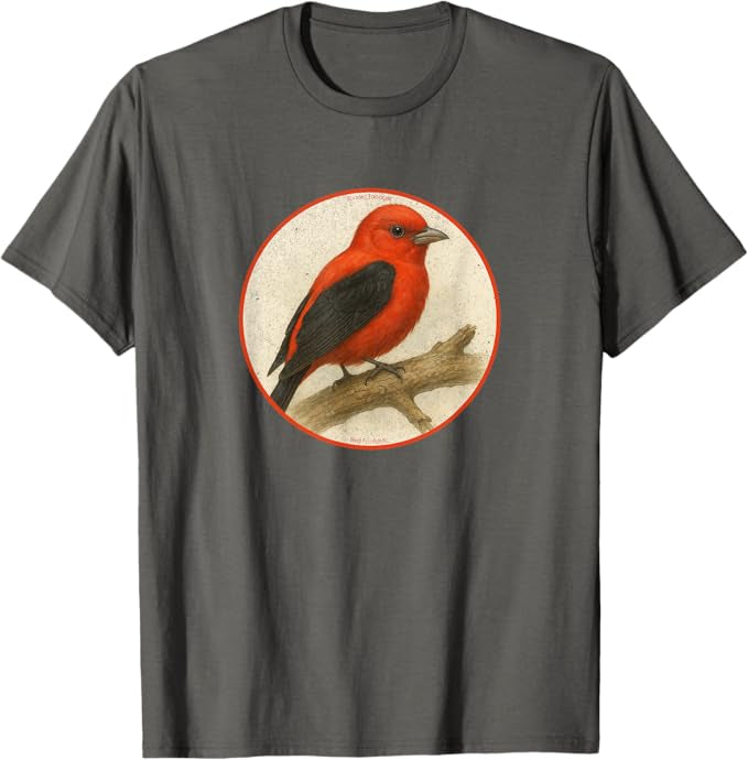 Scarlet Tanager T-Shirt Retro Design by Bird.fan | Men's Birding Graphic Tee