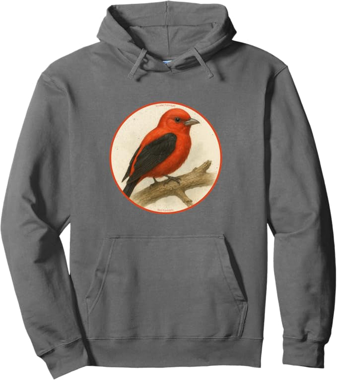 Scarlet Tanager Retro Bird Design Unisex Pullover Hoodie by Bird.fan