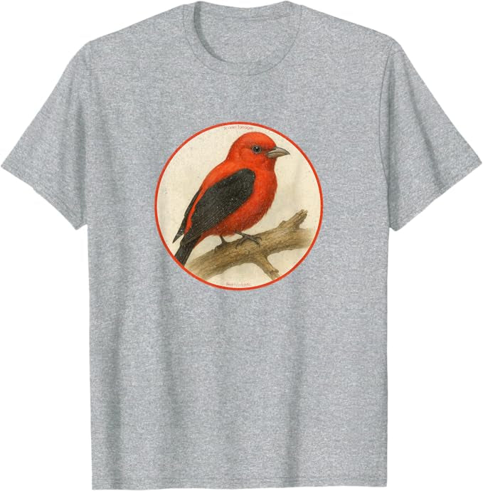 Scarlet Tanager T-Shirt Retro Design by Bird.fan | Men's Birding Graphic Tee