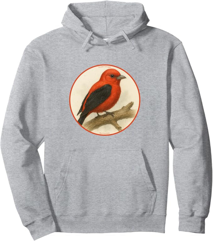 Scarlet Tanager Retro Bird Design Unisex Pullover Hoodie by Bird.fan