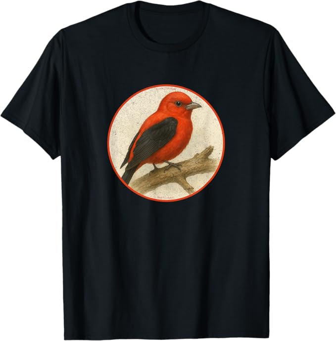 Scarlet Tanager T-Shirt Retro Design by Bird.fan | Men's Birding Graphic Tee