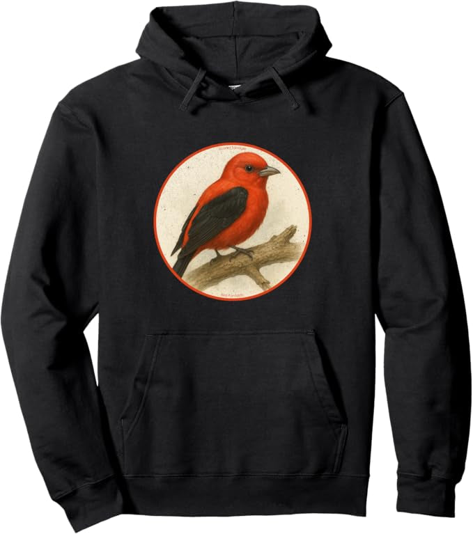 Scarlet Tanager Retro Bird Design Unisex Pullover Hoodie by Bird.fan