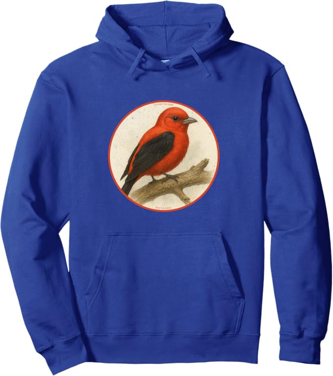 Scarlet Tanager Retro Bird Design Unisex Pullover Hoodie by Bird.fan