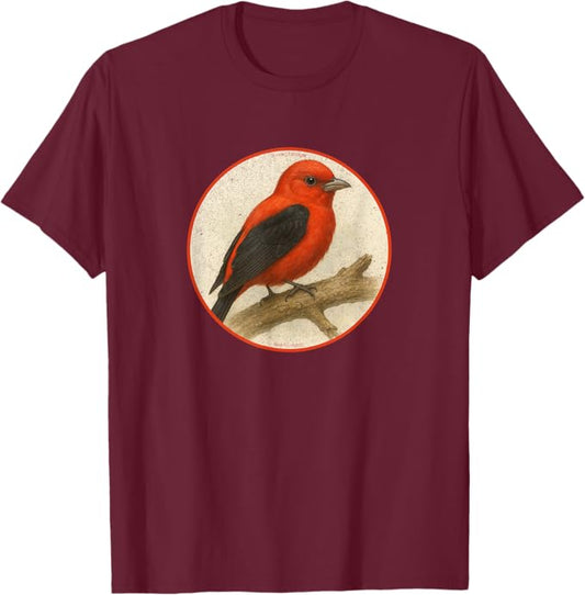 Scarlet Tanager T-Shirt Retro Design by Bird.fan | Men's Birding Graphic Tee