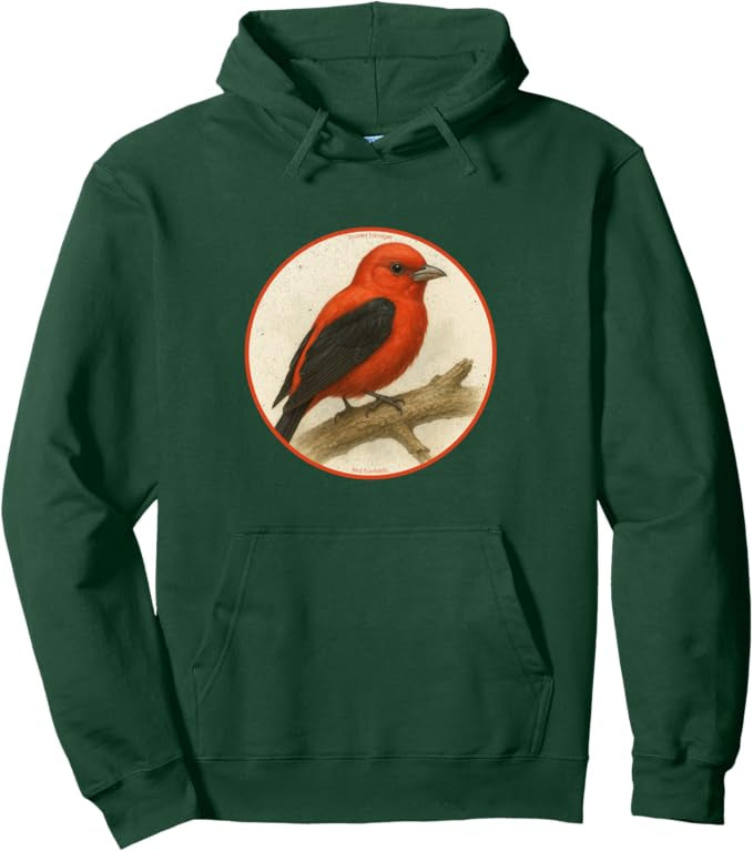 Scarlet Tanager Retro Bird Design Unisex Pullover Hoodie by Bird.fan