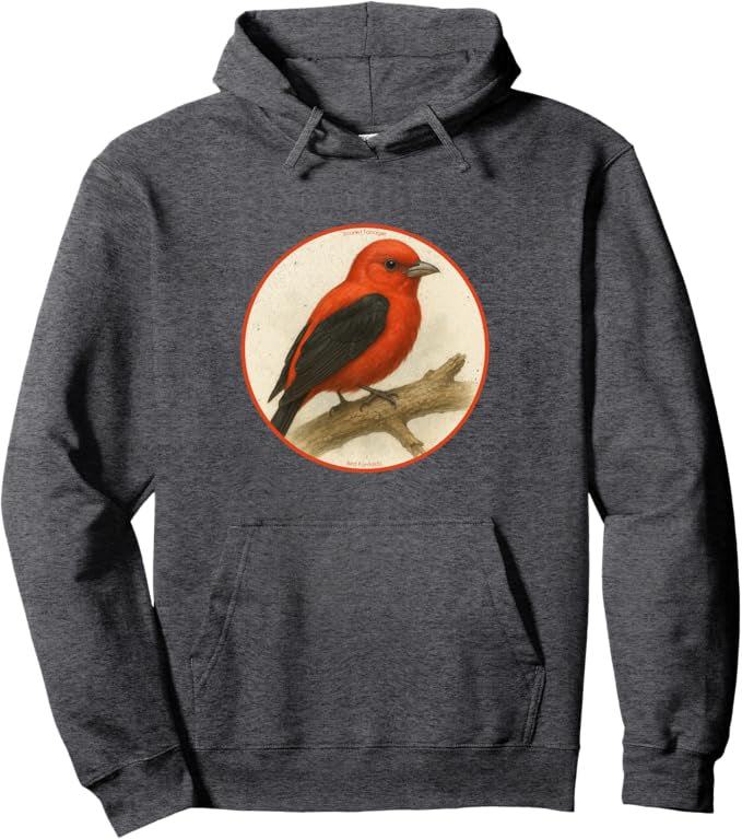 Scarlet Tanager Retro Bird Design Unisex Pullover Hoodie by Bird.fan
