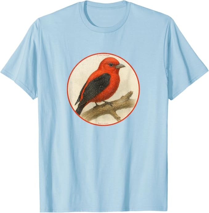 Scarlet Tanager T-Shirt Retro Design by Bird.fan | Men's Birding Graphic Tee