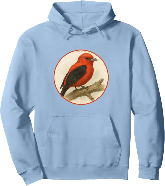 Scarlet Tanager Retro Bird Design Unisex Pullover Hoodie by Bird.fan