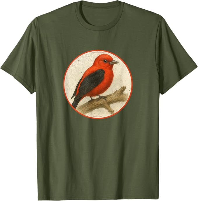 Scarlet Tanager T-Shirt Retro Design by Bird.fan | Men's Birding Graphic Tee