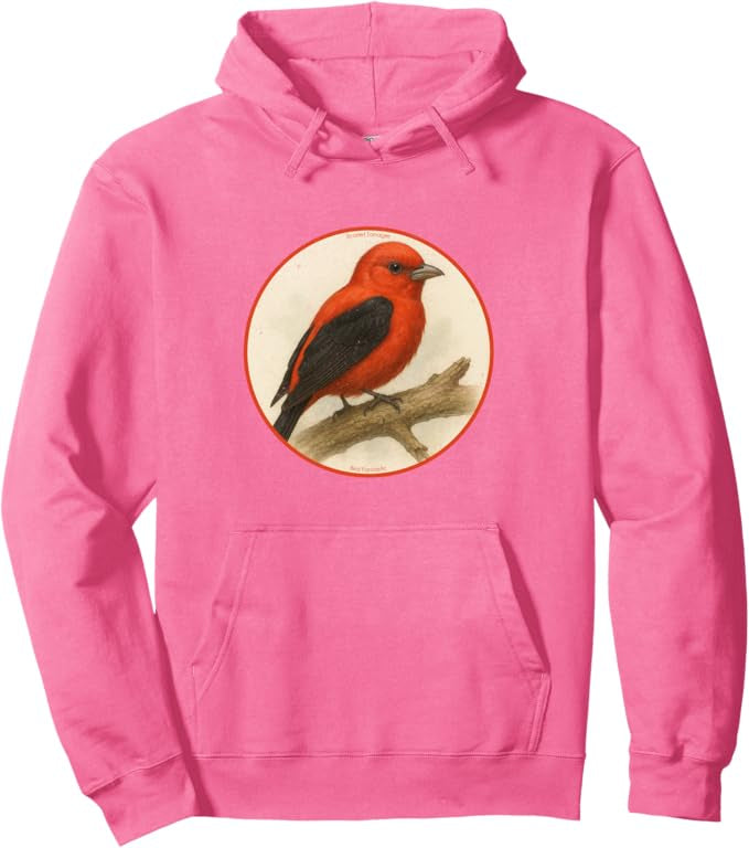 Scarlet Tanager Retro Bird Design Unisex Pullover Hoodie by Bird.fan